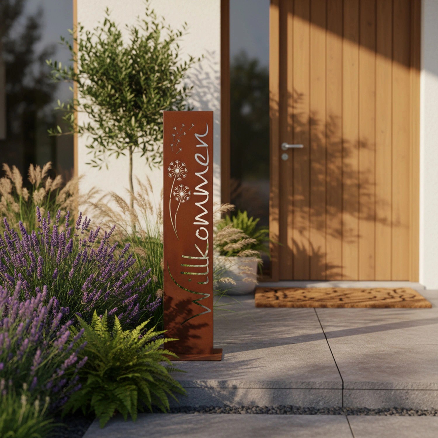 Rostikal Willkommen Stele Pusteblume aus Cortenstahl, 71 cm, mit Edelrost Patina. Dekorative Gartendeko für Eingang.