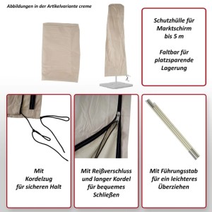 Cremefarbene MCW Schutzhülle Carpi für Marktschirm bis 5m, faltbar. Zeigt Reißverschluss, Kordelzug, Führungsstab.