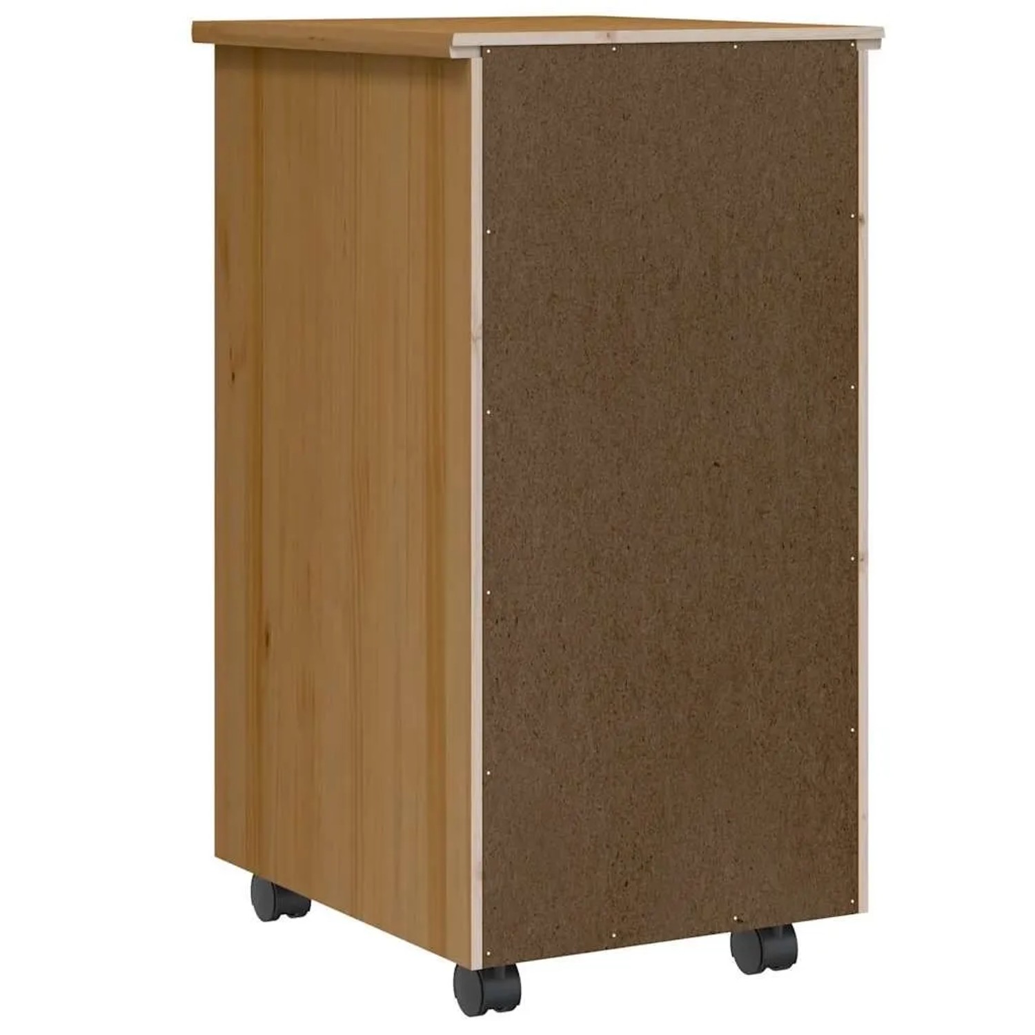 Honigbrauner vidaXL Rollschrank aus Kiefernholz, Rückseite mit dunkler Platte und Rollen. Praktischer Schubladenschrank für Wohnzimmer.
