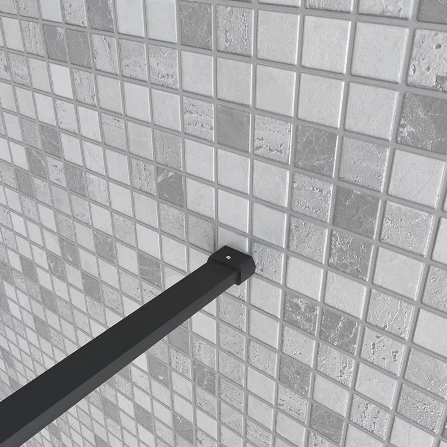 Detailaufnahme Stabilisierungsstange der Walk In Dusche mit schwarzem Rahmen.