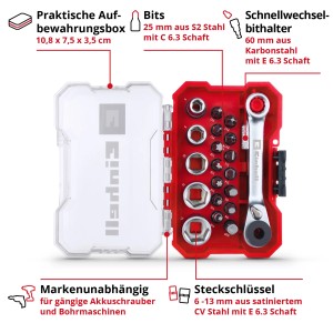Einhell Steckschlüssel Bit Set XS CASE, geöffnet. Bits, Steckschlüssel und Knarre in roter Box sichtbar.