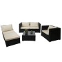 Moderne MCW Poly-Rattan-Garnitur Busto in Schwarz mit cremefarbenen Kissen. Set mit Sofa, Sessel, Liege, Glastisch.