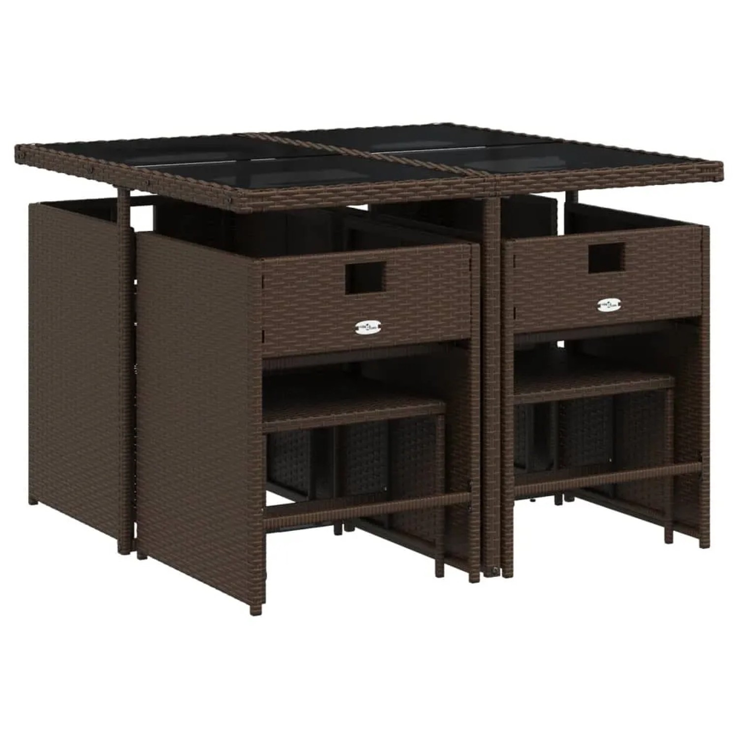 Braune 9-tlg. vidaXL Garten-Essgruppe aus Polyrattan mit Tisch, Stühlen und Hockern. Platzsparende Würfelform.