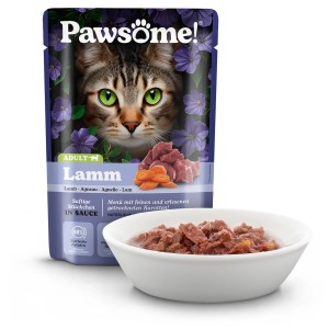 Pawsome Katzen-Nassfutter Adult Lamm, 85g Packung und Schale mit Futter.