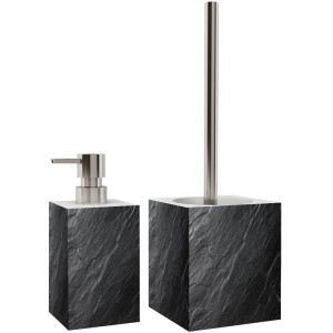 SANILO Bad Set Granit: Seifenspender und WC-Bürste mit Edelstahlgriff.