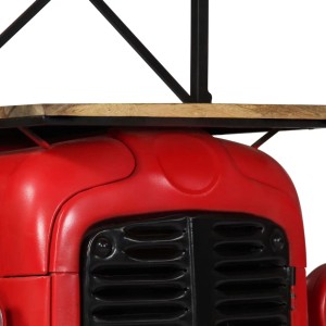 Detailansicht: Roter Traktor-Weinschrank aus Mango-Massivholz mit Ablagefläche. Weinregal im Vintage-Stil.