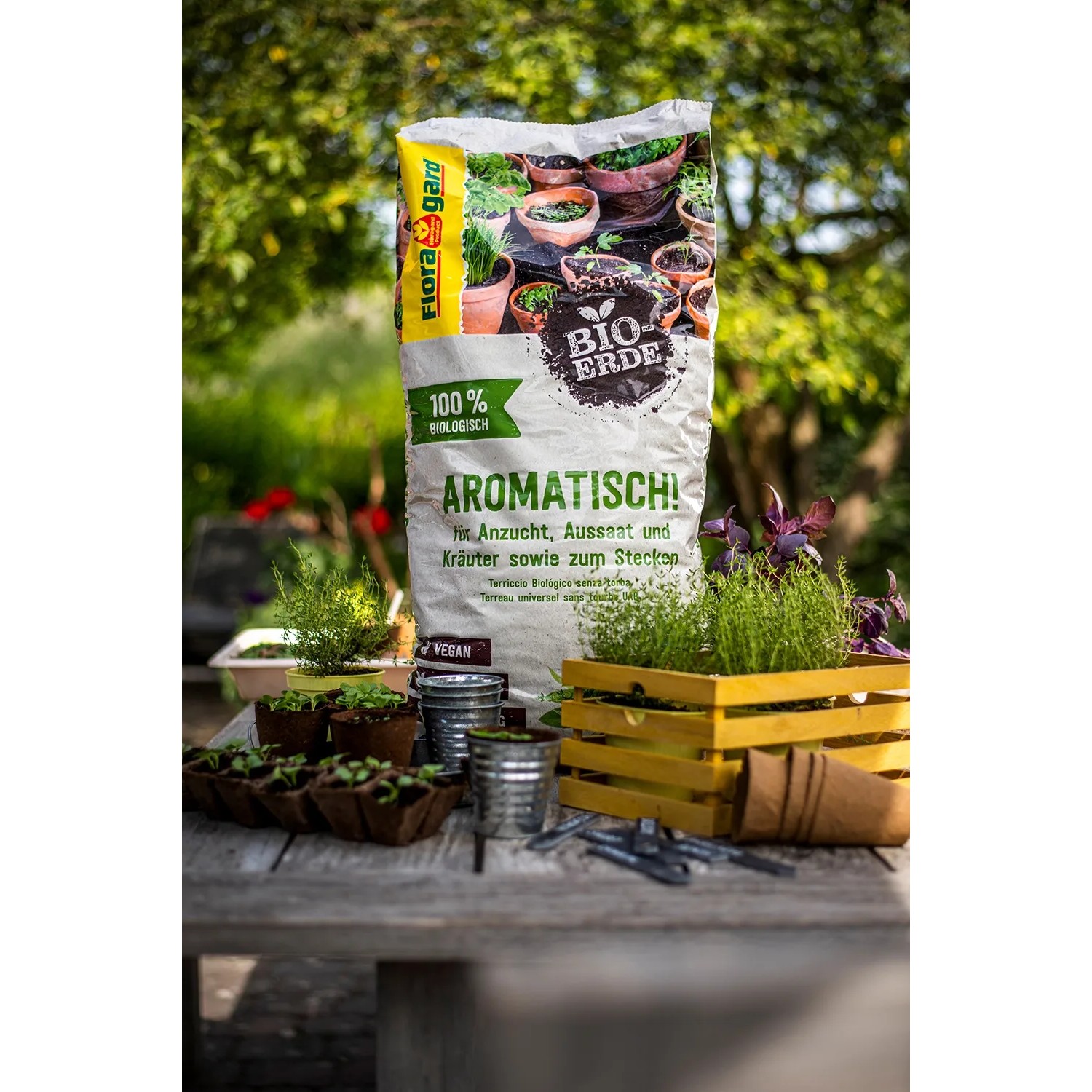 Sack Floragard Bio-Kräutererde Aromatisch 10L, mit Kräutern dekoriert, für Anzucht und Umtopfen.