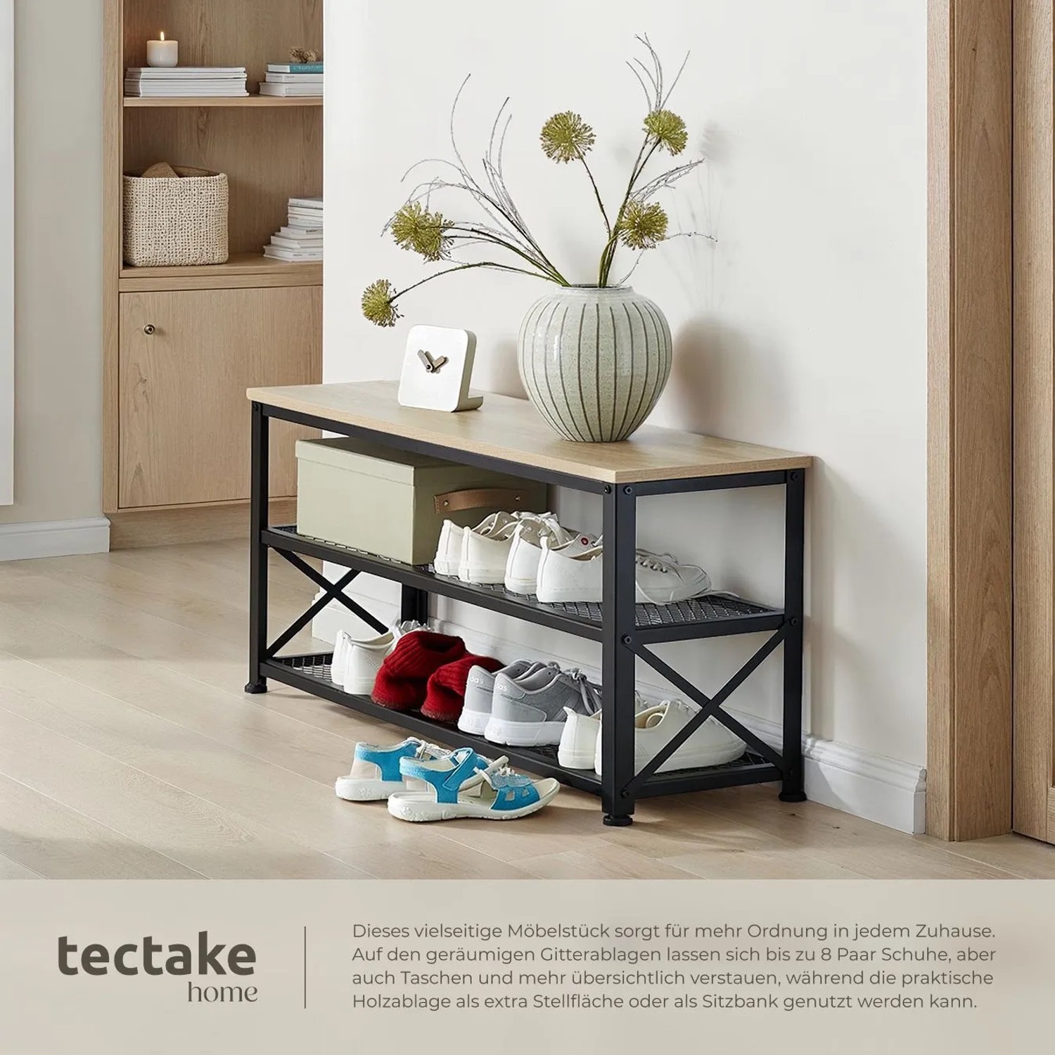 Tectake Schuhregal Blackpool Industrial Style Holz und Stahl 101 x 30 50 x 45 50 cm Industrial Holz Hell Eiche Sonoma_4