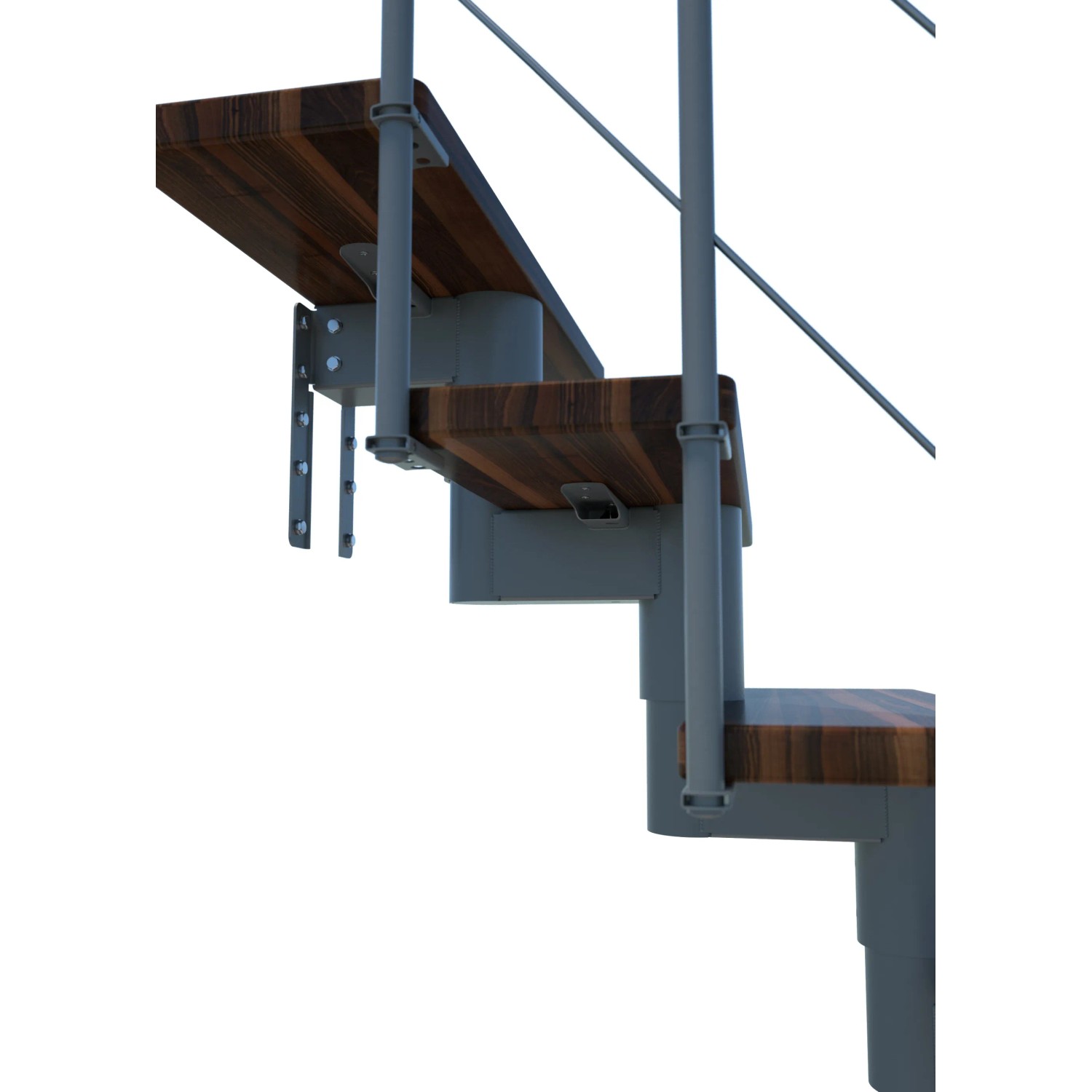 Detailansicht der Minka Mittelholmtreppe Comfort Top in Walnuss/Grau. Innentreppe mit Holzstufen und grauem Geländer.