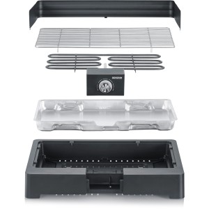 Einzelteile des Severin PG 8565 Tischgrills: Gehäuse, Grillrost, Heizelement, Wanne und Spritzschutz.
