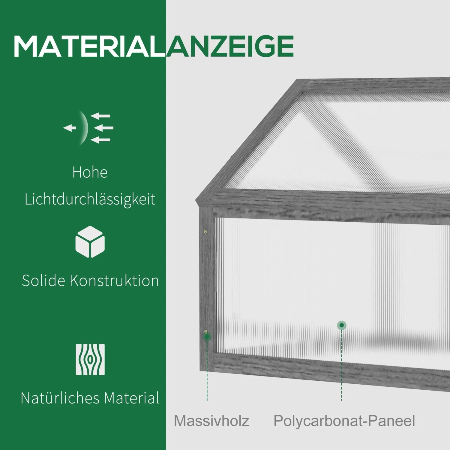 Outsunny Gewächshaus: Grauer Tannenholzrahmen und transparente Polycarbonat-Paneele. Hohe Lichtdurchlässigkeit.