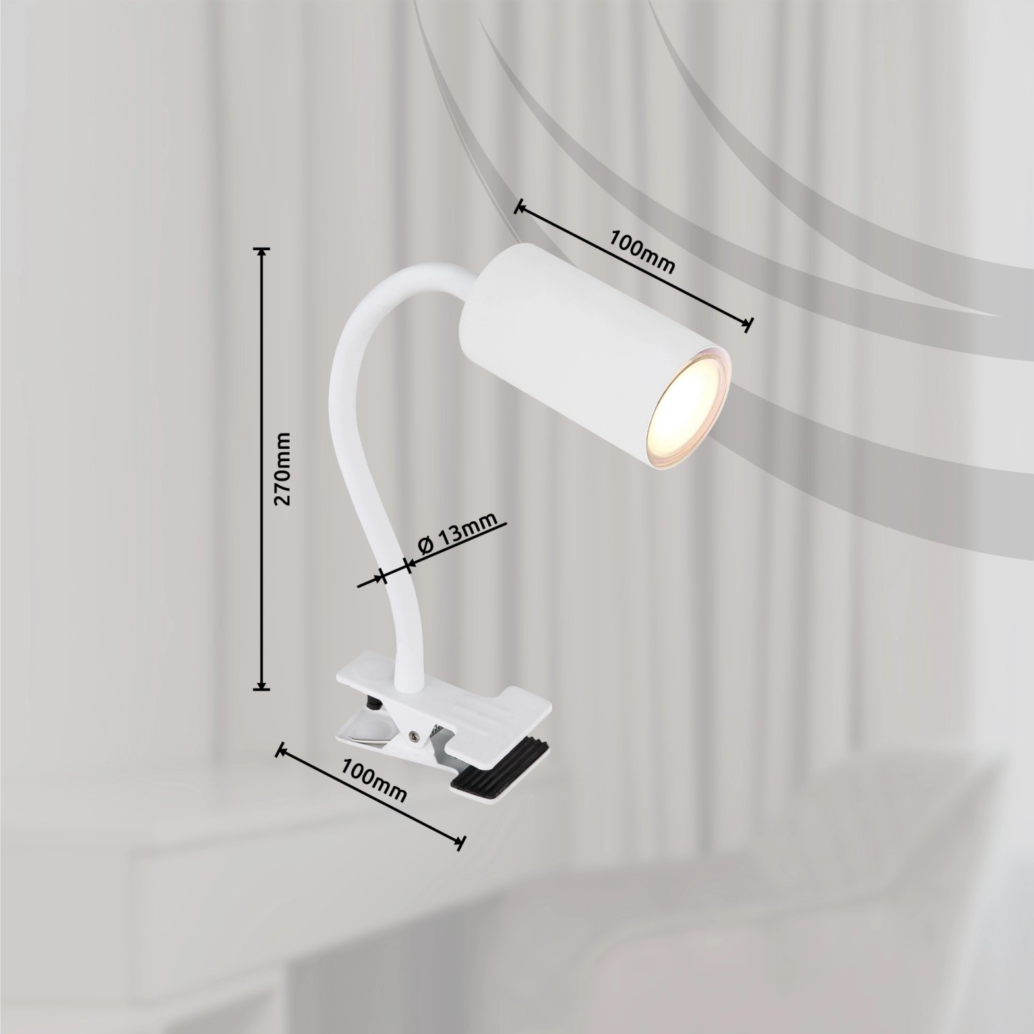 Weißer, flexibler Klemmstrahler Robby mit GU10 Fassung für Schreibtisch oder Regal.