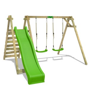 Fatmoose Schaukel JollyJay mit grüner Rutsche und Kletterleiter aus Holz.