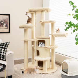 Costway Kratzbaum Holz Aktivitätsbaum Mehrstöckig Katzenmöbel Beige