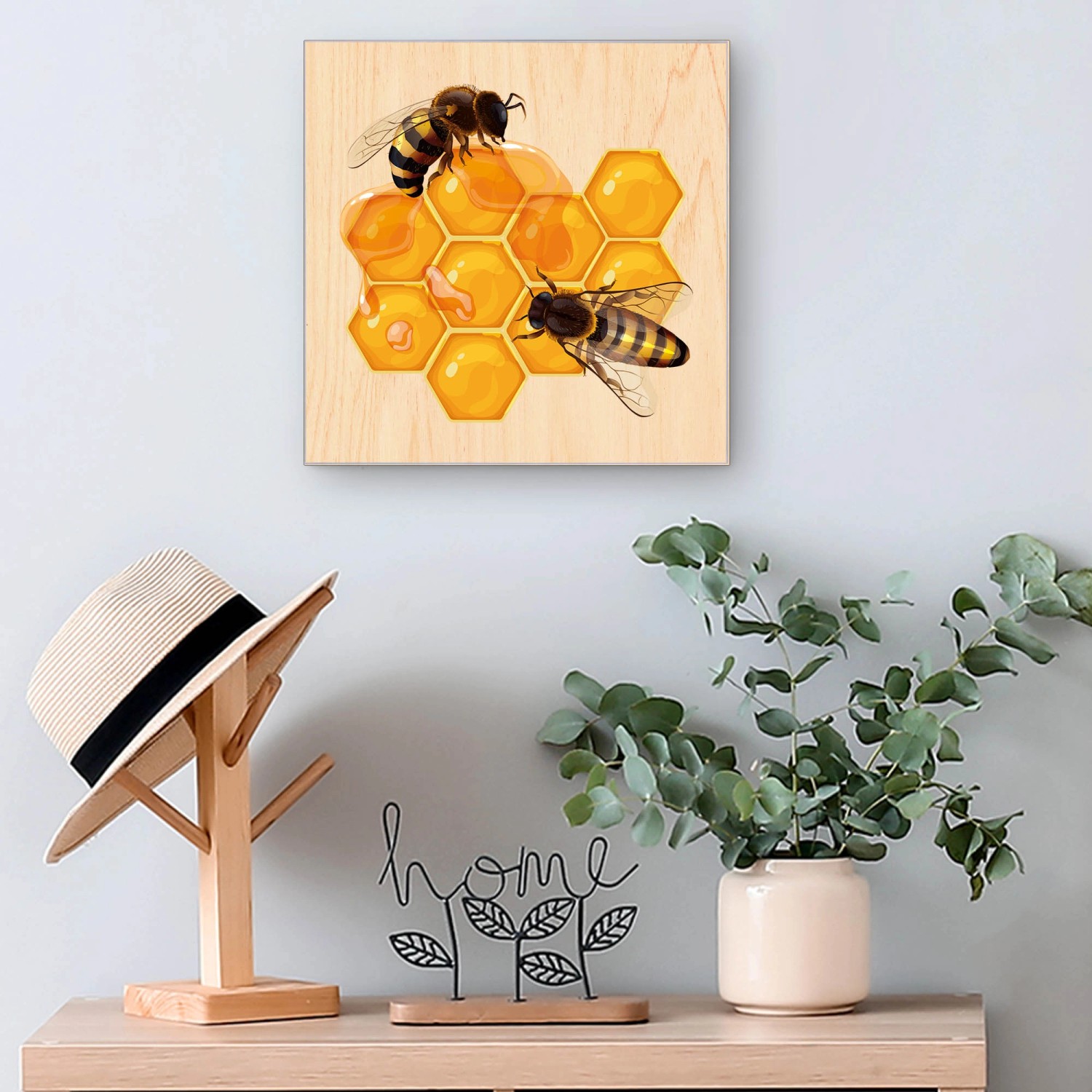 Banjado Schlüsselbox mit Bienenmotiv auf Honigwaben, Holzfront, 50 Haken, weiße Box, Scharnier rechts.