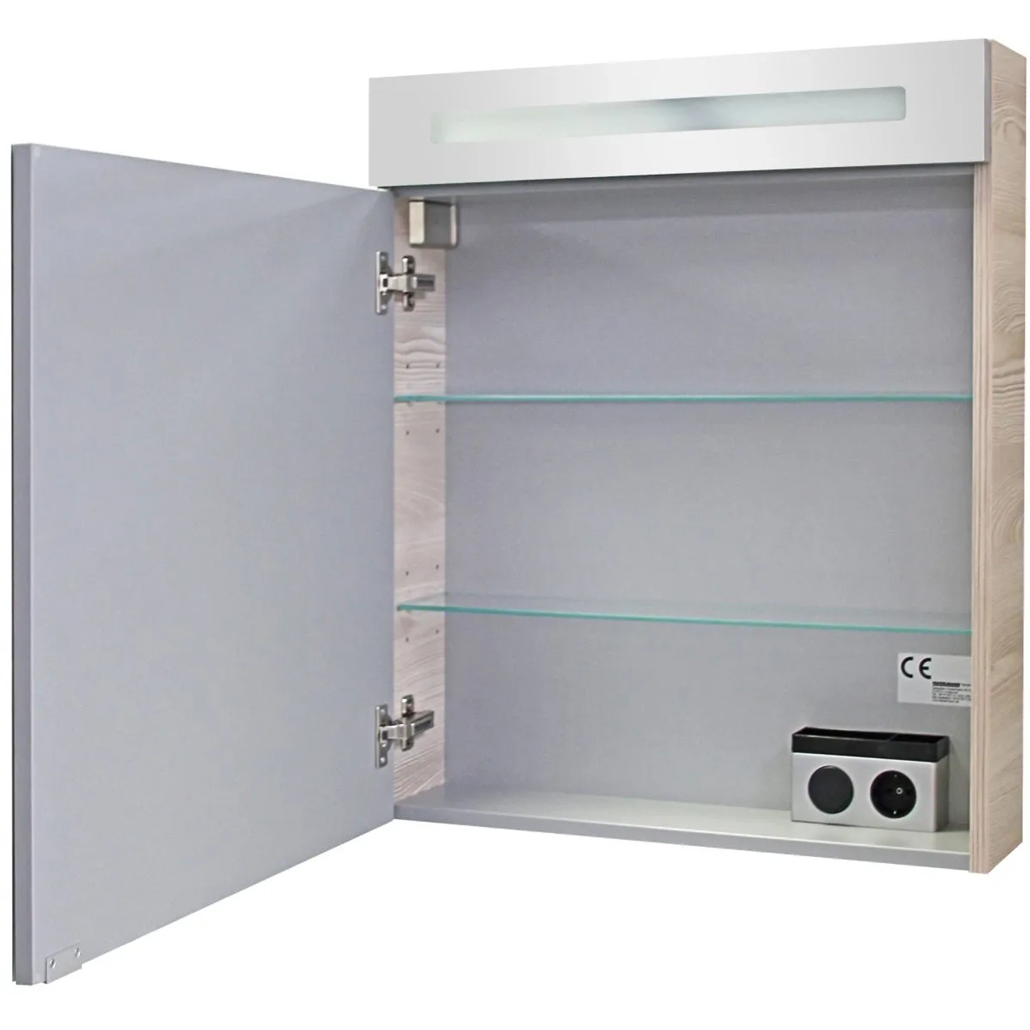 Offener Fackelmann Spiegelschrank B.Clever Alaska Esche 60 cm mit zwei Glasböden und Beleuchtung.