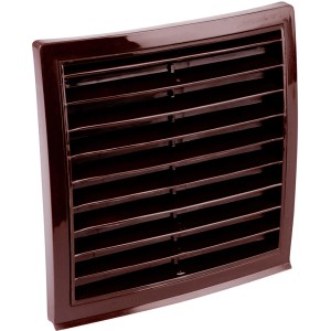 Braunes Außengitter mit Rundanschluss und Fliegennetz für Lüftungssysteme.