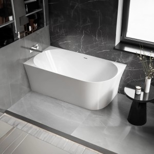 Freistehende, weiße Acryl Badewanne NOVA SLIM LINE (150x78) mit Eckeinbau links im modernen Badezimmer.
