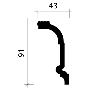 Abbildung eines Profils der Eck- und Deckenleiste, PROFHOME 1 MUSTERSTÜCK S-650247, mit Maßangaben.