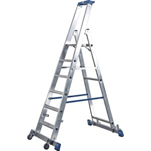Krause Stabilo Stufen-Stehleiter mit 6 Stufen, fahrbar und mit Traverse für sicheren Stand.