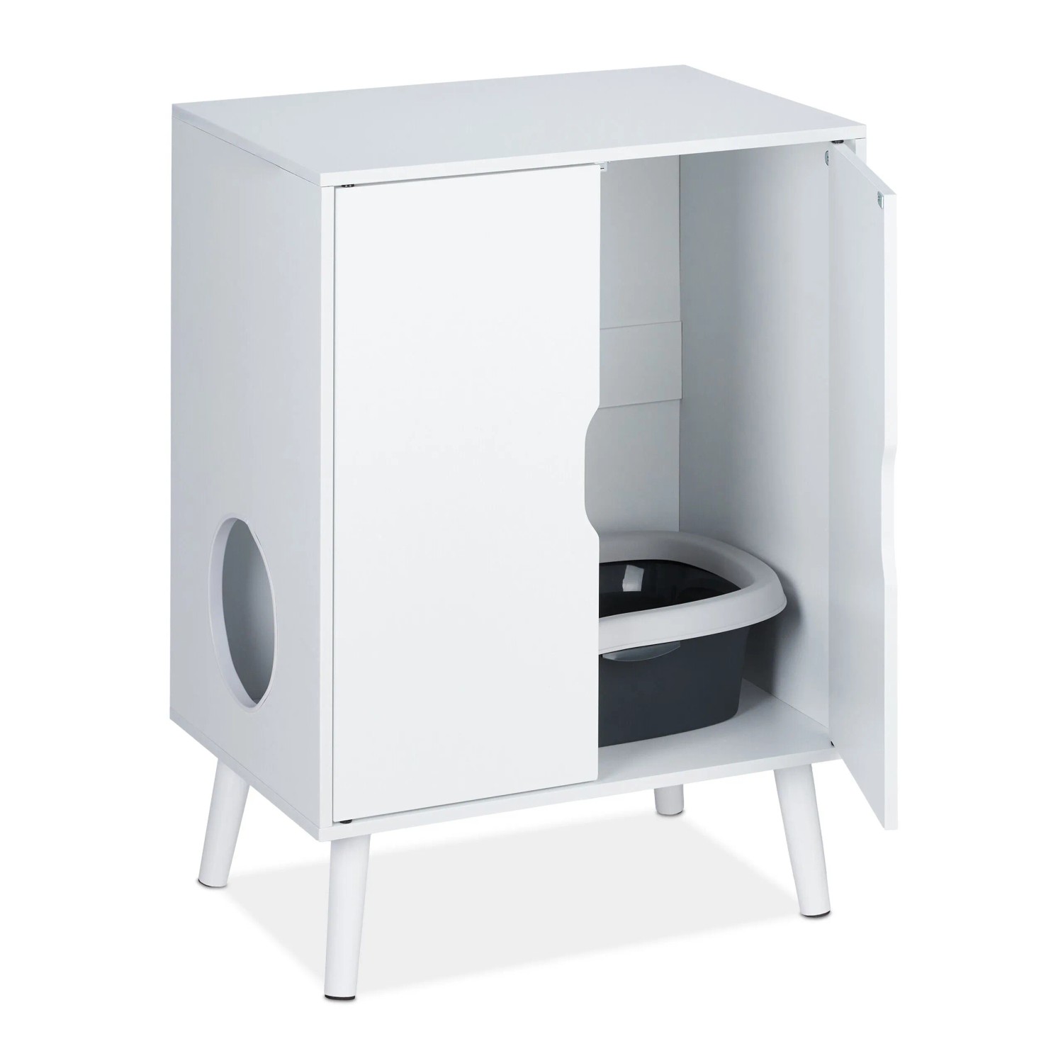 Relaxdays Katzenschrank für Katzentoilette Spanplatte Kiefernholz PVC Weiß 2 Türen 77 cm x 58 cm x 40 cm 12,4 kg