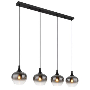 Schwarze Globo Deckenleuchte Maxy, 4-flammig mit rauchfarbenen Glasschirmen.