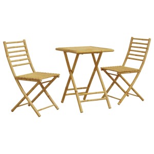 3-teiliges Bistro-Set aus Bambus mit Klapptisch und zwei Stühlen für Garten oder Balkon.