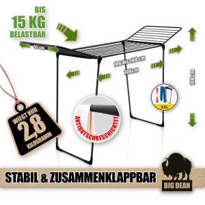 Schwarzer BigDean Wäscheständer, extra hoch, faltbar, mit dicken Grip-Leinen. 20m Trockenlänge, 15kg belastbar.