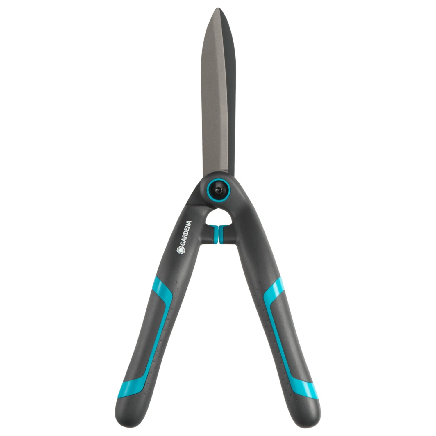 Gardena Hand-Heckenschere PrecisionCut mit grauen Klingen und blau-schwarzen Griffen.