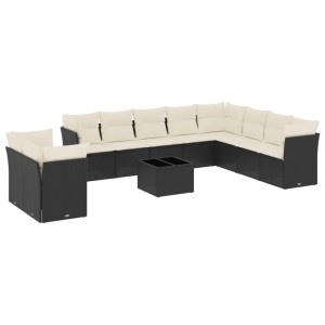 vidaXL Garten-Sofagarnitur, 11-teilig, schwarz, Poly Rattan mit cremeweißen Kissen und Tisch.