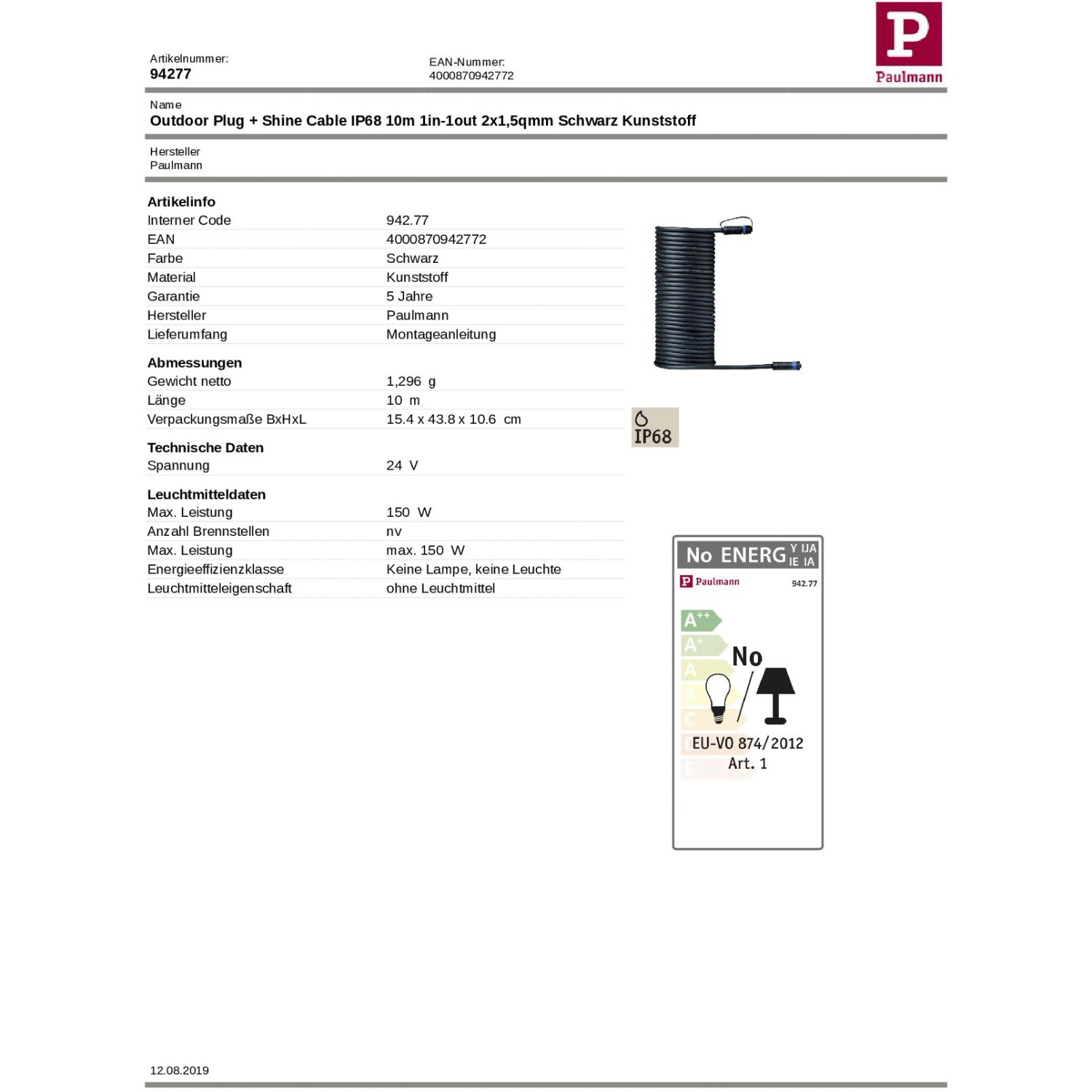 Schwarzes Paulmann Plug & Shine Kabel, 10 m, IP68, für Außenbeleuchtungssysteme.