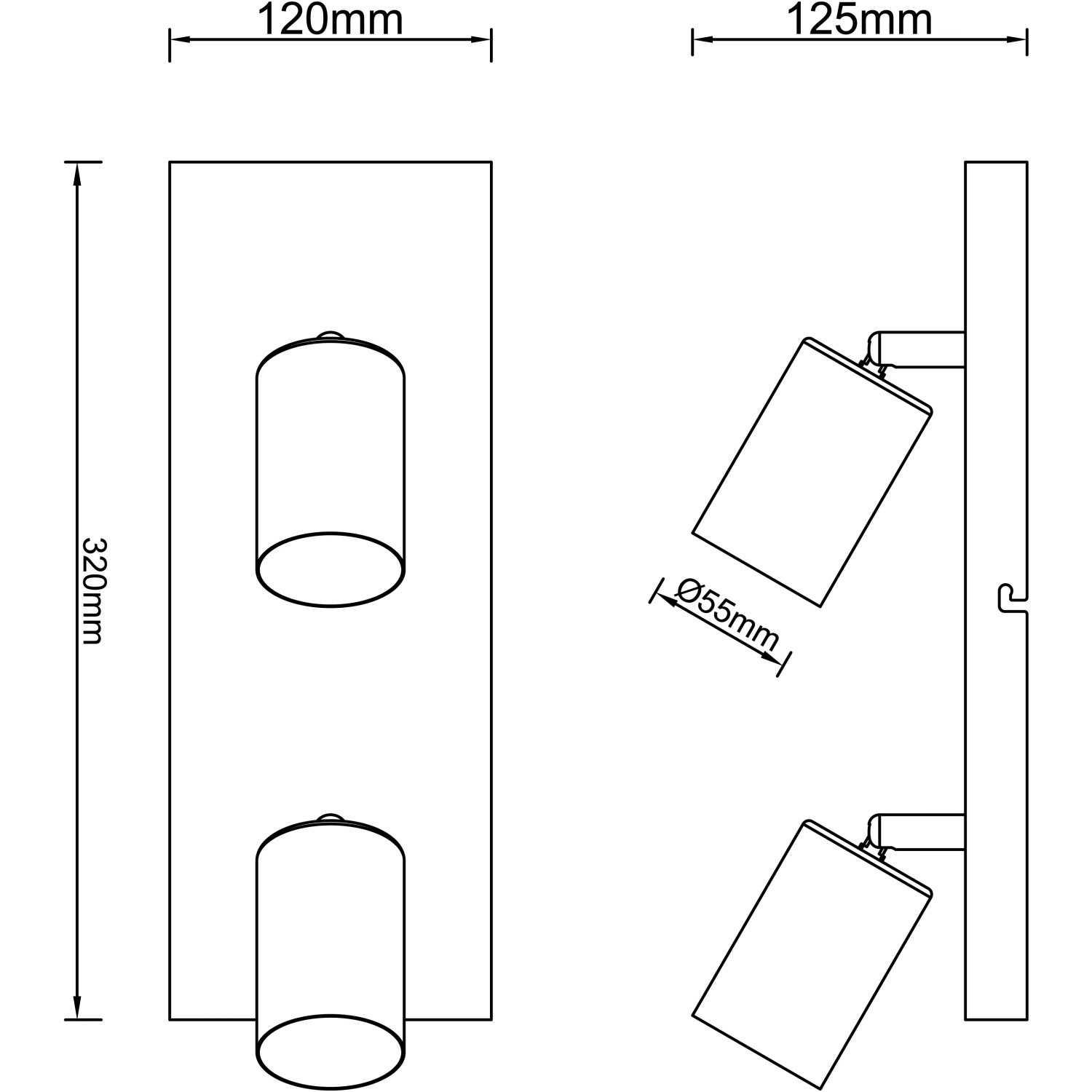 Skizze des schwarzen, 2-flammigen LED-Spotbalkens Jello mit Maßen für Wand- oder Deckenmontage.