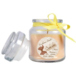 HS Candle Duftkerze "Danke" im Glas, gelbes Band, Vanille Duft. Dekorative Kerze für entspannte Atmosphäre.