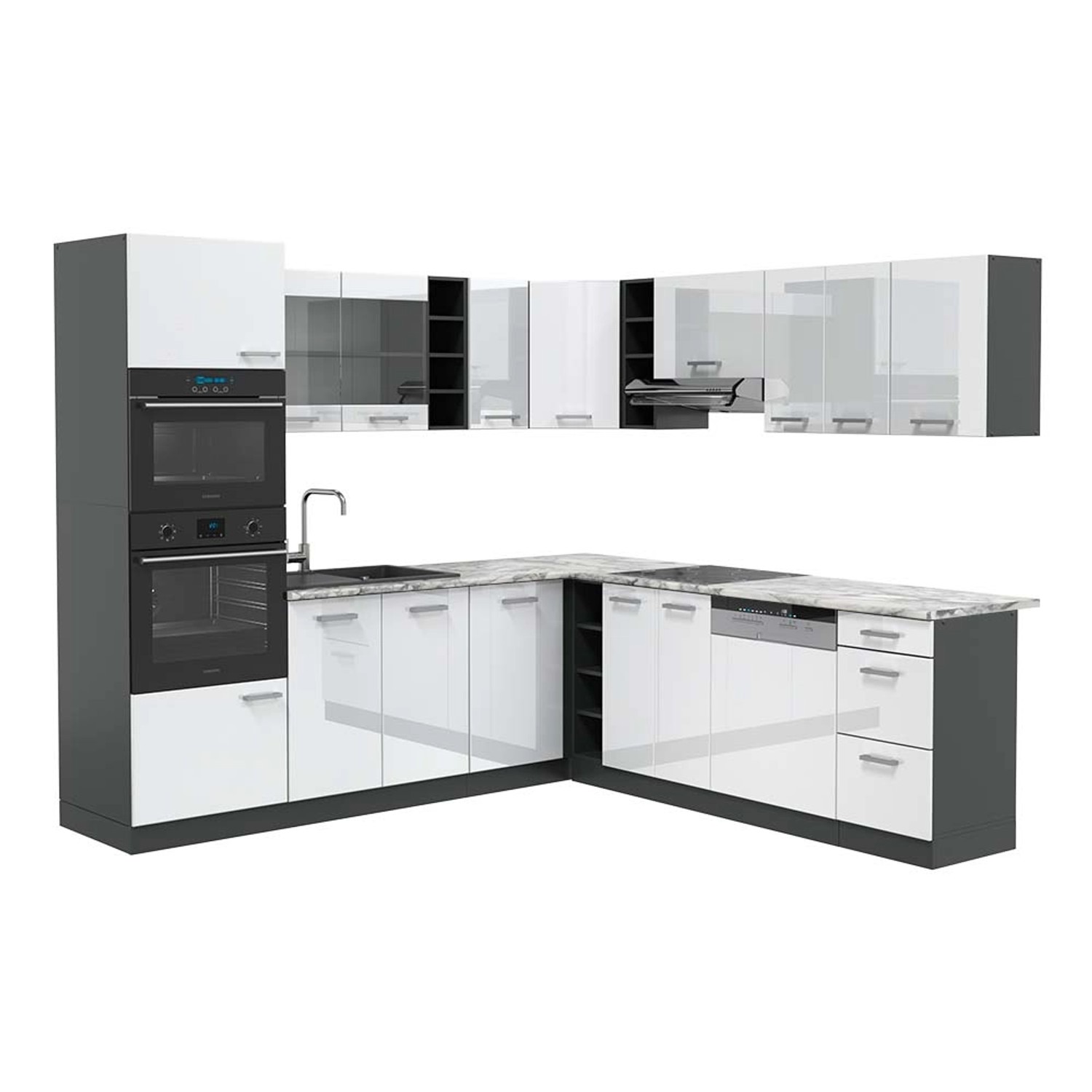 Vicco R-Line Eckküche Weiß Hochglanz/Anthrazit 237 x 247 cm AP Marmor günstig online kaufen