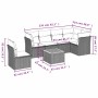 vidaXL 7-tlg. Garten-Sofagarnitur, schwarzes Poly Rattan mit cremefarbenen Kissen und Tisch, Maße eingezeichnet.