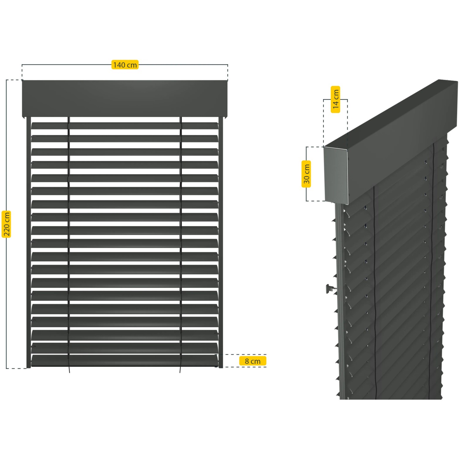 Schellenberg Raffstore Express mit Motor, 140x220 cm, Anthrazit, mit Maßangaben.