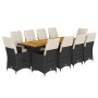 vidaXL Garten-Bistro-Set, 11-teilig, schwarz, Poly Rattan mit Tisch aus Akazienholz und 10 Stühlen mit cremefarbenen Kissen.