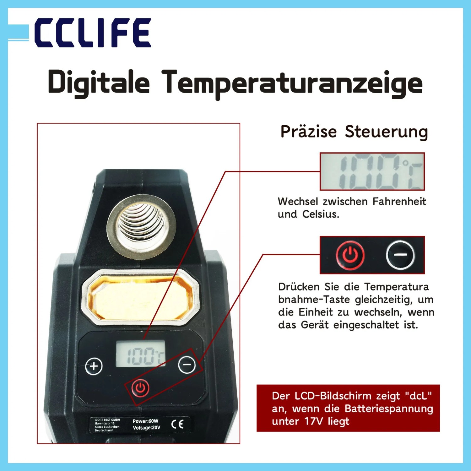 Kabelloser Lötkolben mit digitaler Temperaturanzeige (100°C) und präziser Steuerung für Makita/Dewalt Akkus.