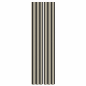 Zwei sandgraue Akustikpaneele mit schwarzem Filz, 32x240 cm, zur Wand- und Deckenmontage.