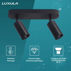 LUXULA LED Aufbauspot 2-Flammig GU10 Schwenkbar Deckenstrahler Deckenspot Akzentbeleuchtung Deckenlampe Aluminium Schwarz
