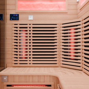 Innenansicht der Dewello Infrarotkabine Kenora mit Vollspektrum- und Karbonstrahlern.