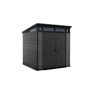 Graues Keter Gartenhaus Cortina 77 mit Pultdach, Kunststoff, 214x218x226 cm.