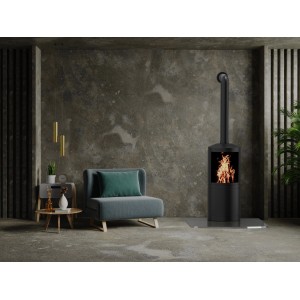Valo Glasbodenplatte Segmentbogen (100x120cm) unter Kaminofen im Wohnraum.