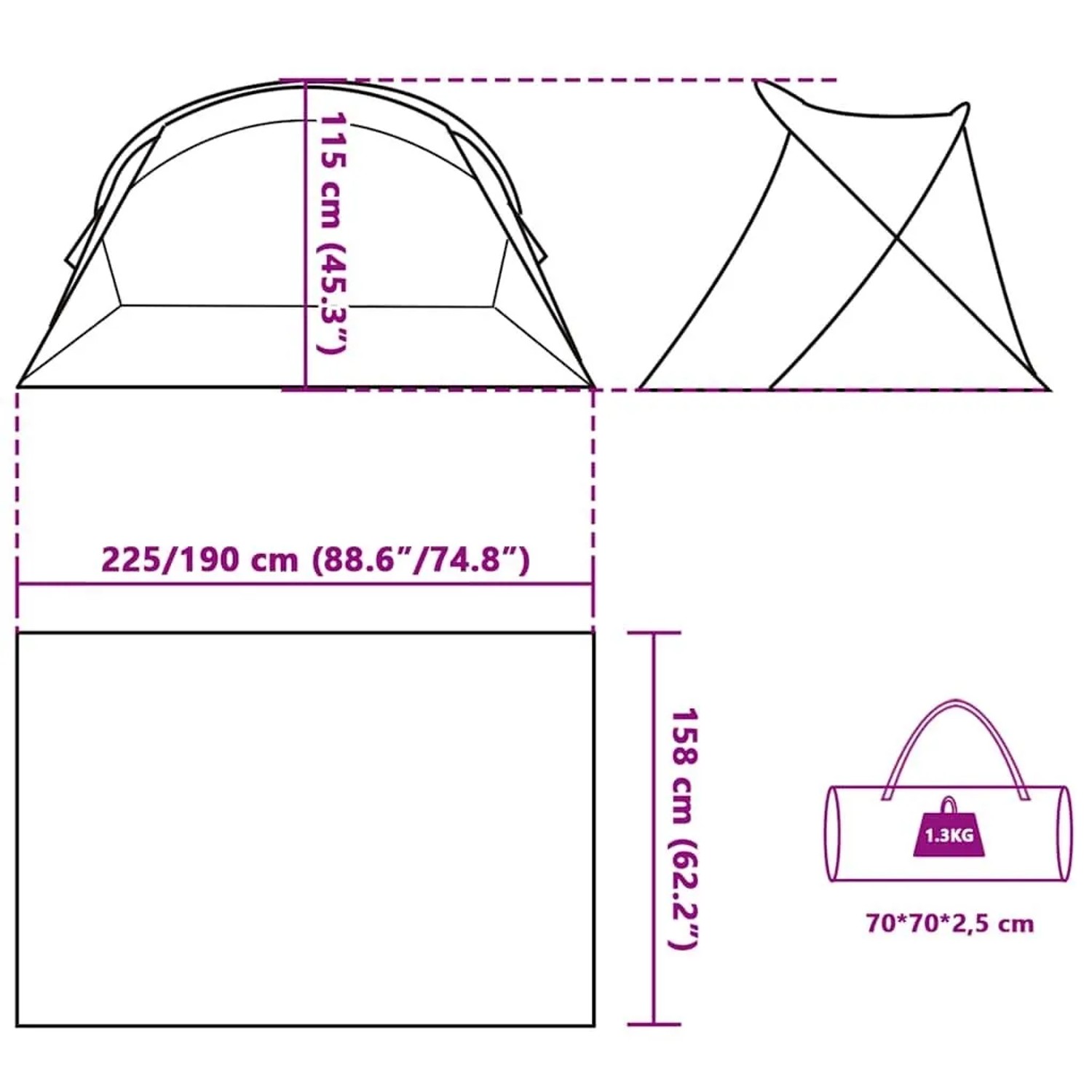 Skizze: vidaXL Strandzelt für 2 Personen, grau, wasserdicht, mit Maßangaben und Tragetasche.