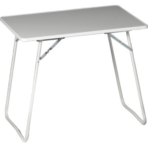Rechteckiger, weißer Campingtisch (60x80 cm) mit klappbaren Beinen.