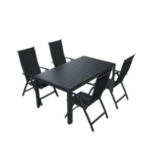 Schwarze Lex Alu Gartensitzgruppe mit Tisch und vier Sesseln.