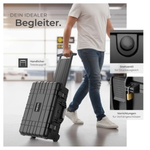 Schwarzer Tectake Kamerakoffer mit Teleskopgriff und Rollen. Ideal für Aufbewahrung und Ordnung.