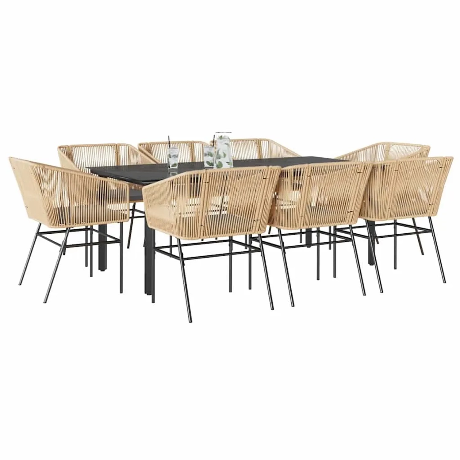9-teilige Garten-Essgruppe aus Poly Rattan in Braun mit schwarzem Tisch und hellgrauen Kissen.