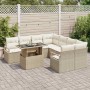 Beiges 9-teiliges Garten-Sofa-Set aus Poly Rattan mit Kissen. Gartenmöbel für Terrasse und Balkon.