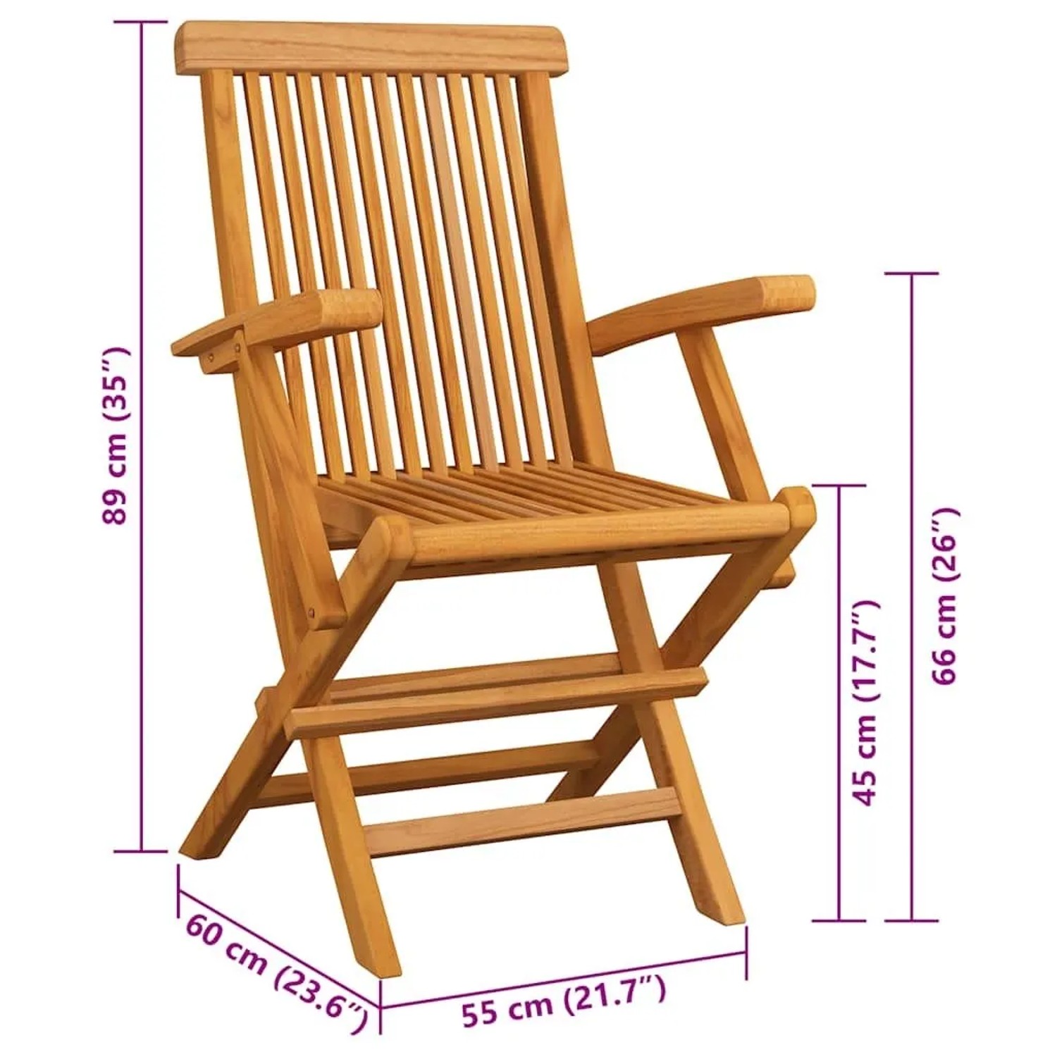 Gartenstuhl aus Teakholz mit Armlehnen und Kissen, klappbar, 2er-Set